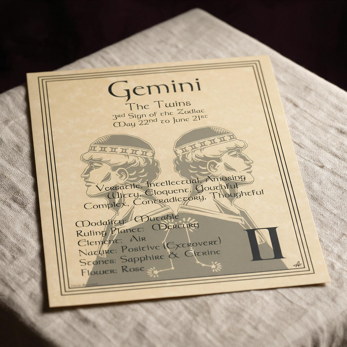 Gemini zodiac plate (printed parchment poster)