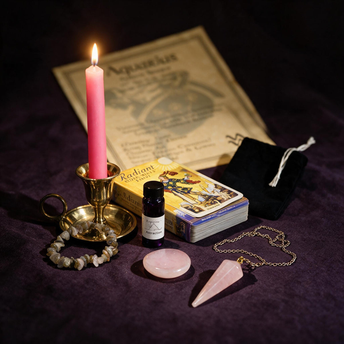 Aquarius Love Ritual Kit — the nine pieces set out for the ritual