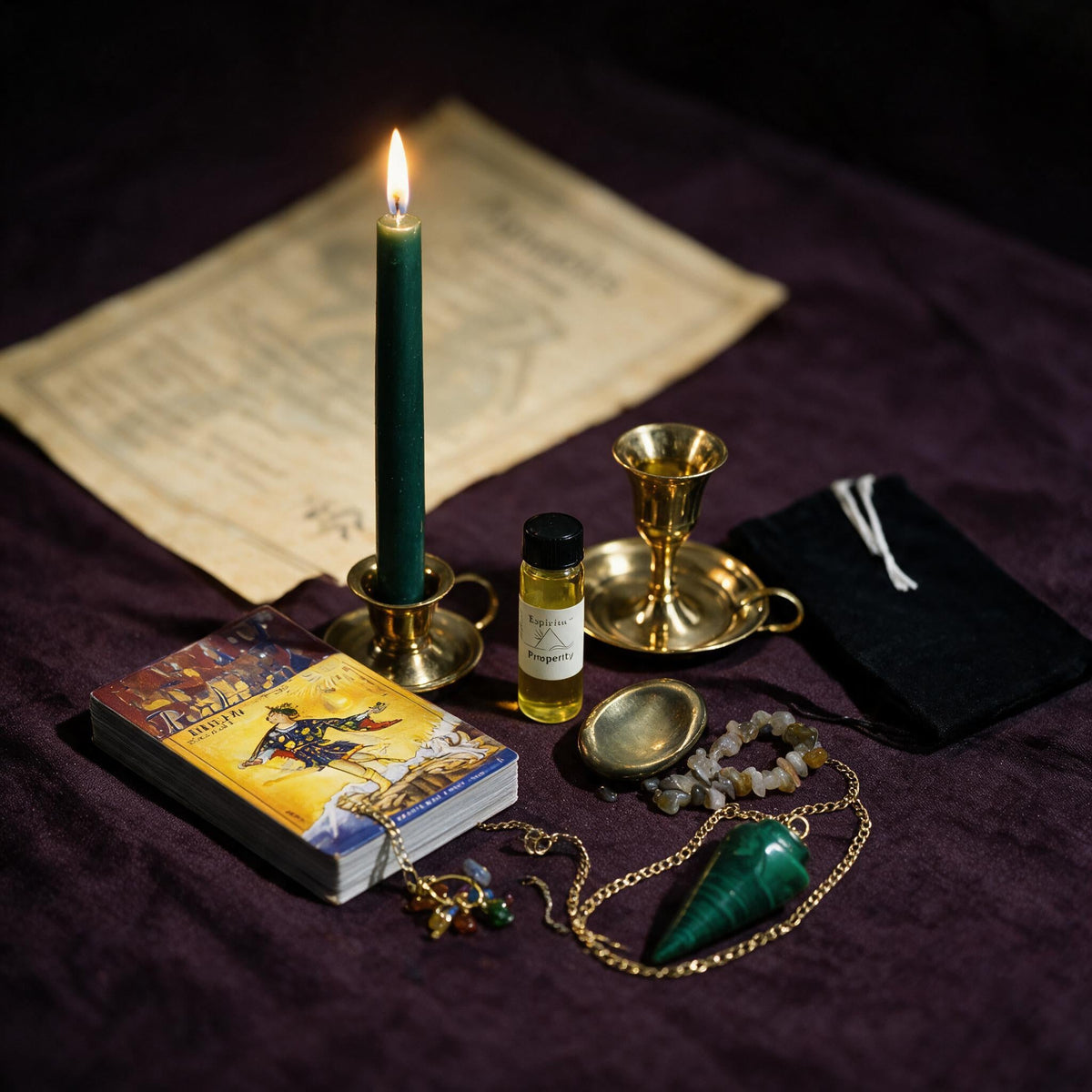Aquarius Wealth Ritual Kit — the nine pieces set out for the ritual