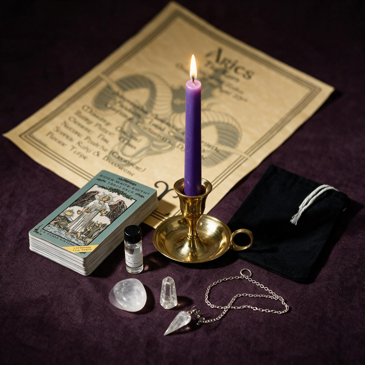 Aries Clarity Ritual Kit — the nine pieces set out for the ritual