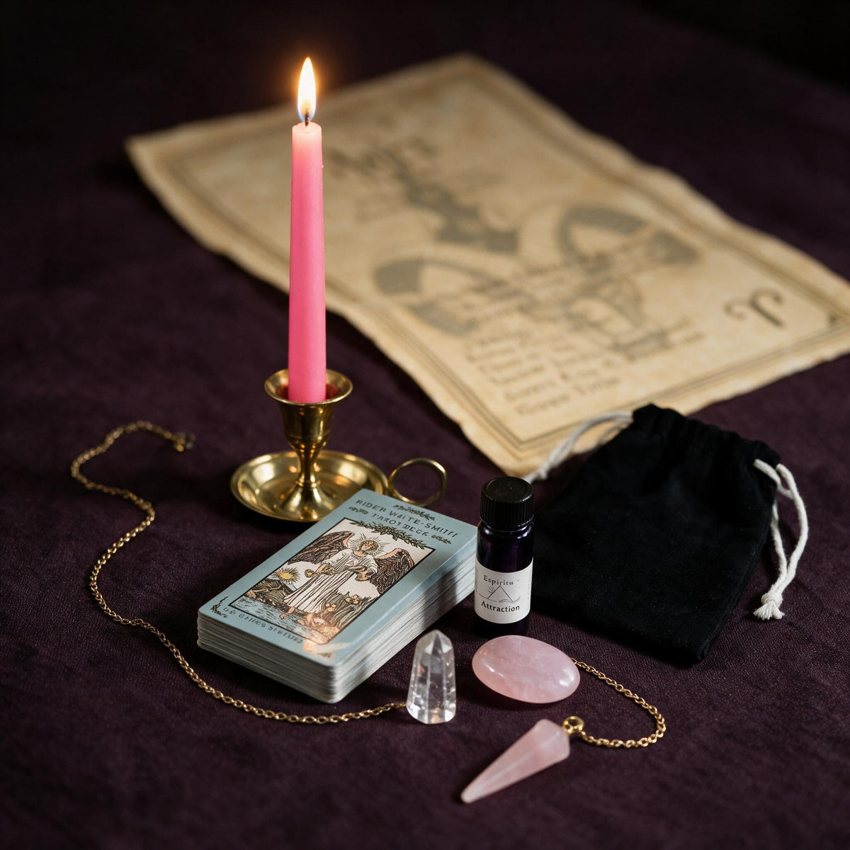 Aries Love Ritual Kit — the nine pieces set out for the ritual