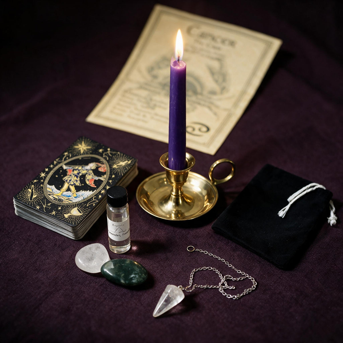 Cancer Clarity Ritual Kit — the nine pieces set out for the ritual