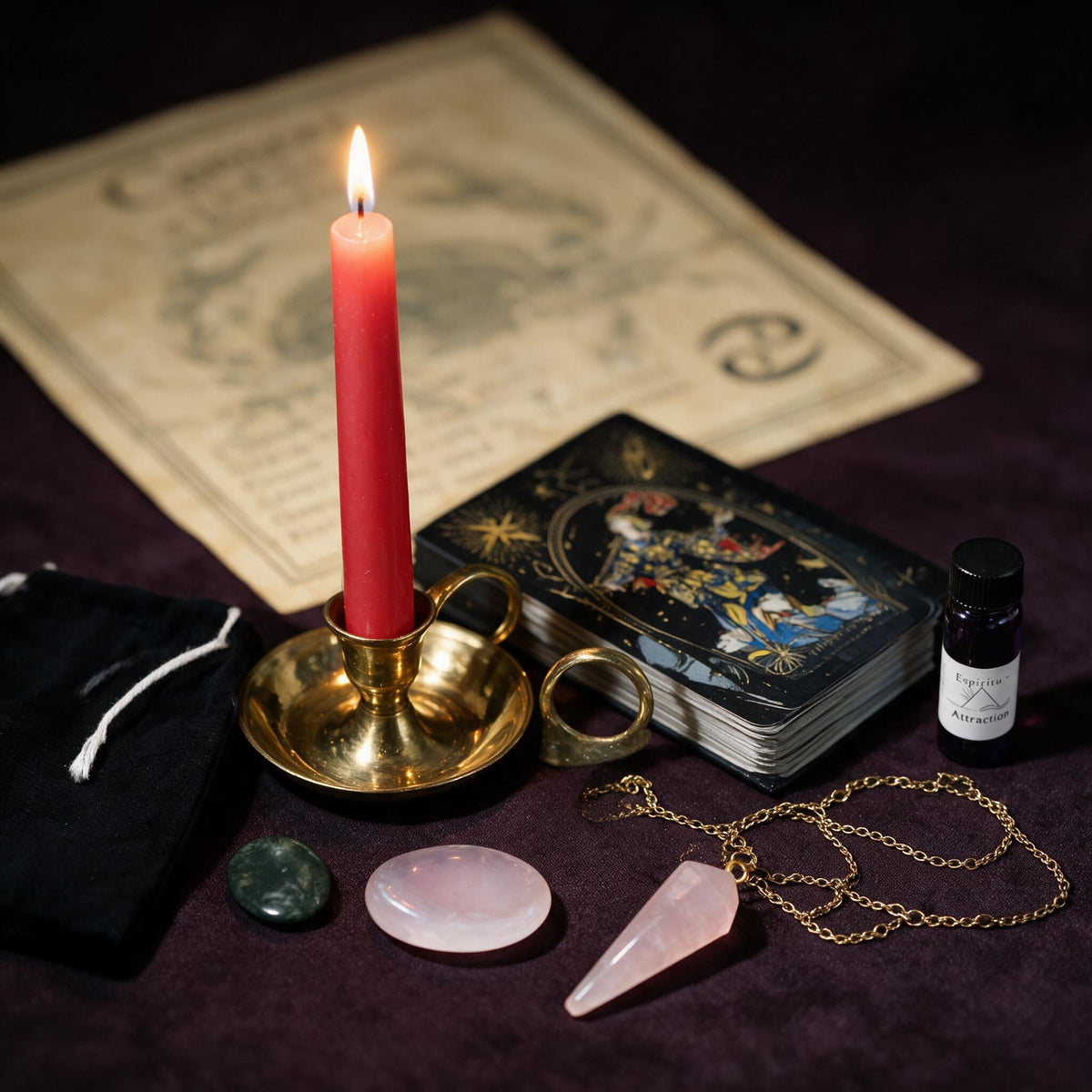 Cancer Love Ritual Kit — the nine pieces set out for the ritual