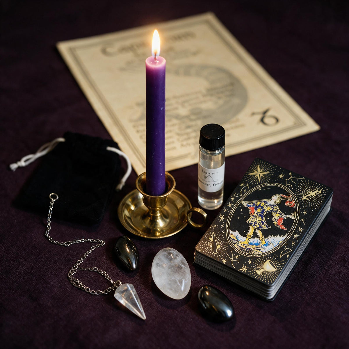 Capricorn Clarity Ritual Kit — the nine pieces set out for the ritual