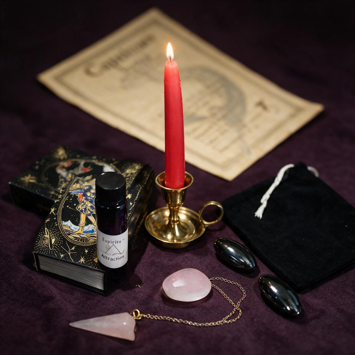 Capricorn Love Ritual Kit — the nine pieces set out for the ritual