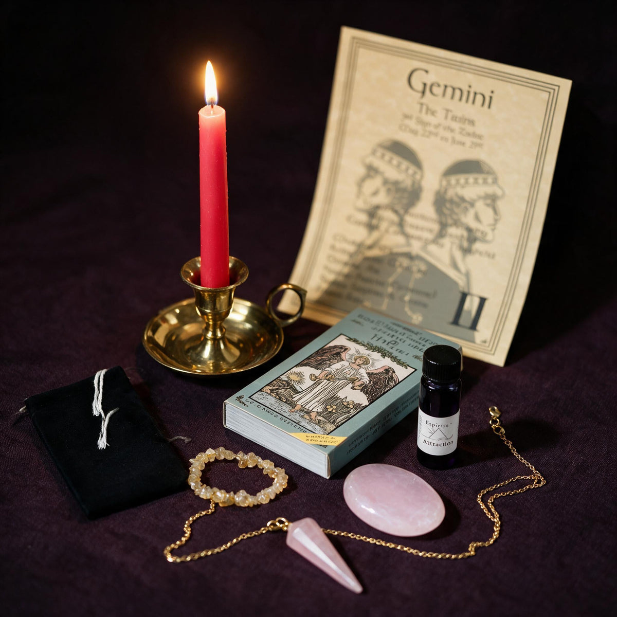 Gemini Love Ritual Kit — the nine pieces set out for the ritual