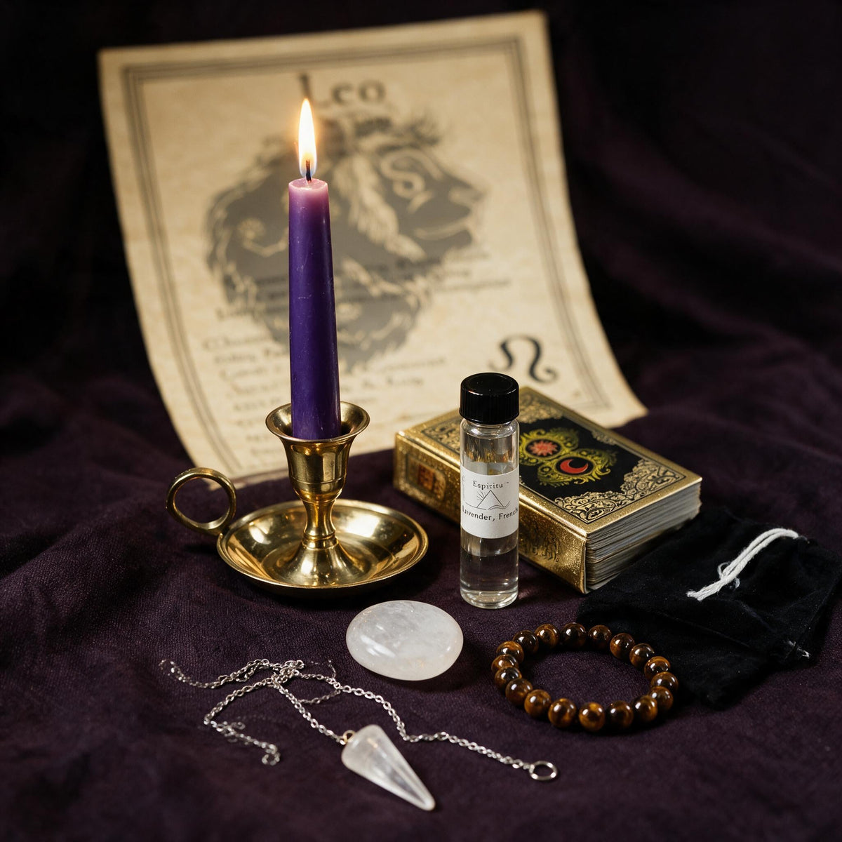Leo Clarity Ritual Kit — the nine pieces set out for the ritual