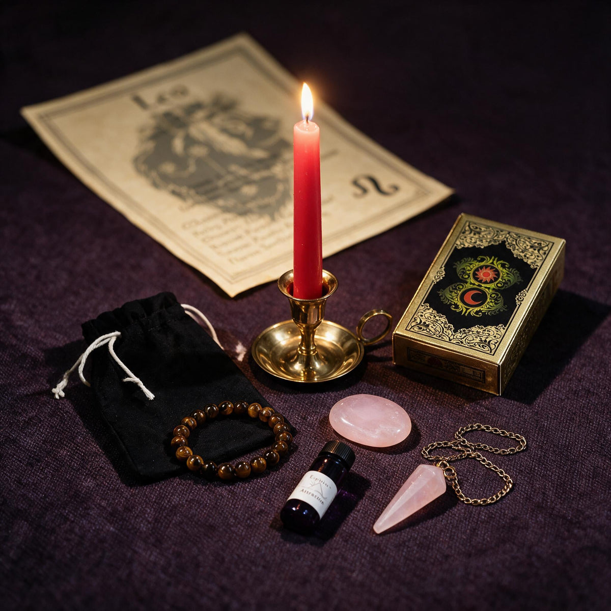 Leo Love Ritual Kit — the nine pieces set out for the ritual