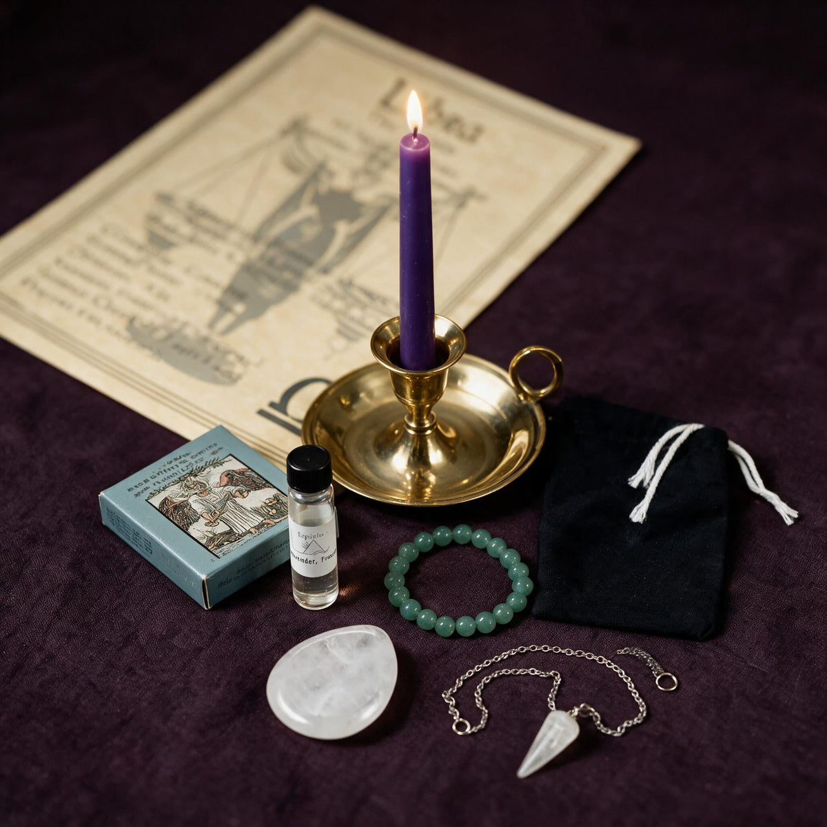 Libra Clarity Ritual Kit — the nine pieces set out for the ritual