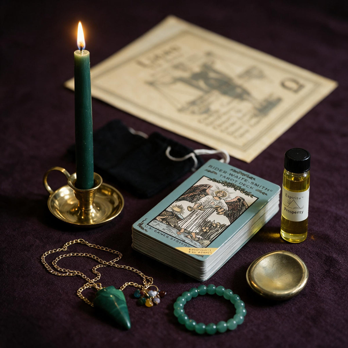 Libra Wealth Ritual Kit — the nine pieces set out for the ritual