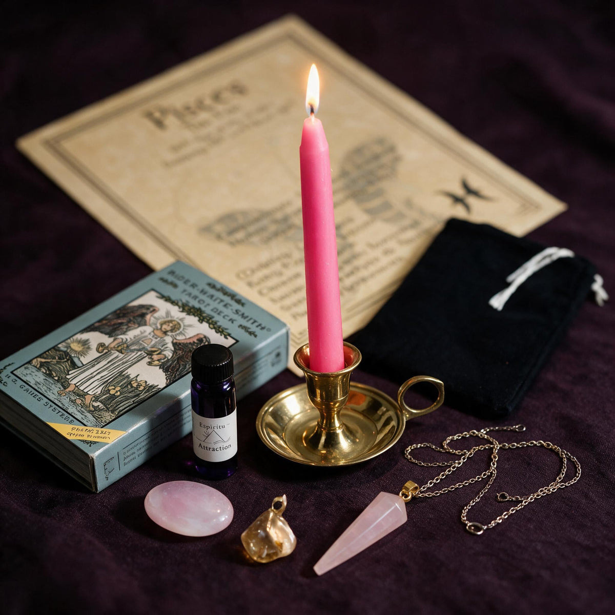 Pisces Love Ritual Kit — the nine pieces set out for the ritual
