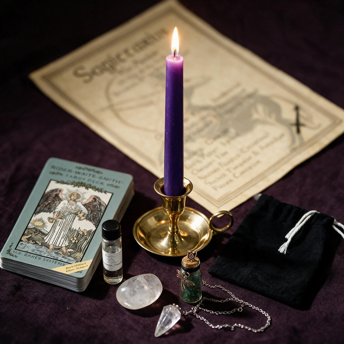 Sagittarius Clarity Ritual Kit — the nine pieces set out for the ritual