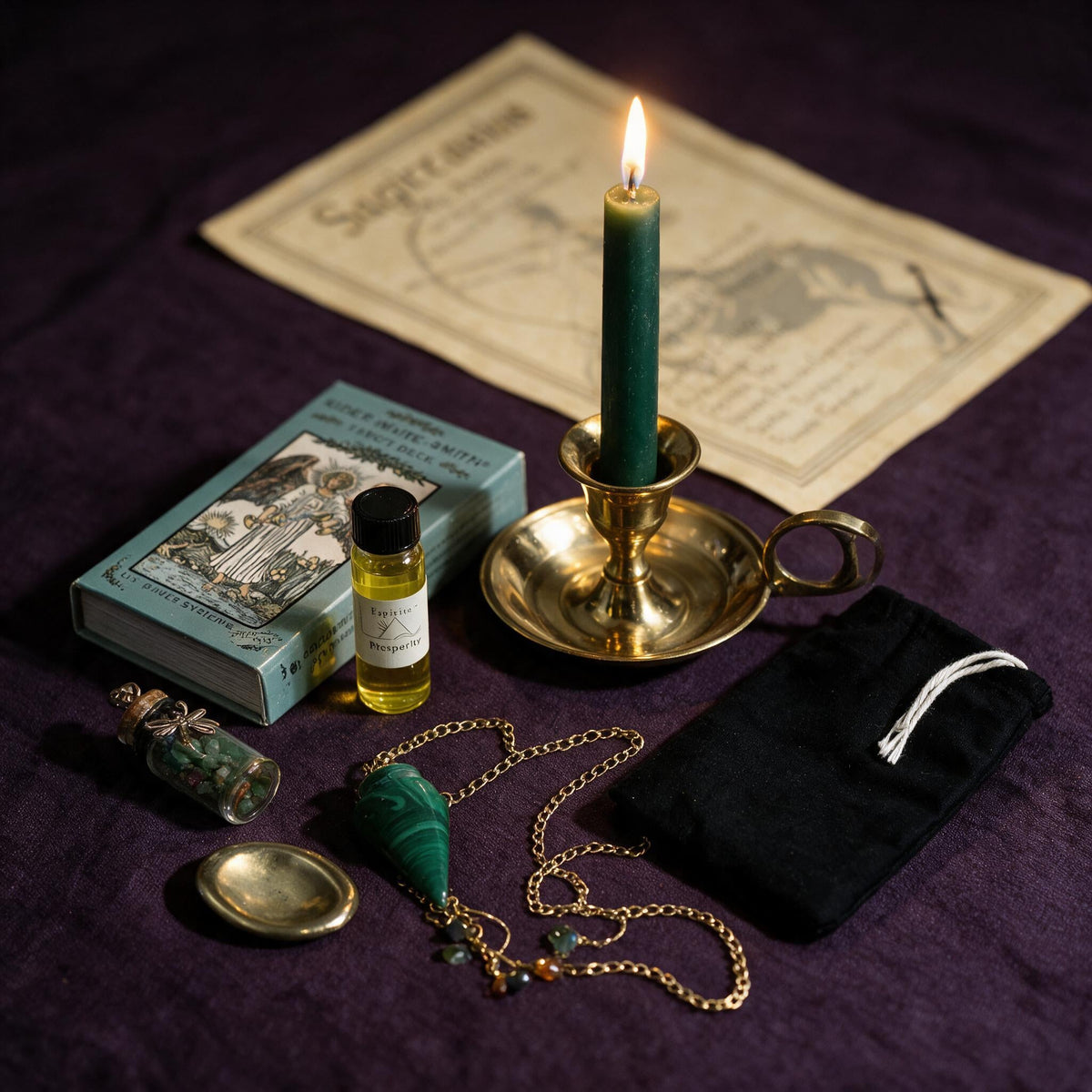 Sagittarius Wealth Ritual Kit — the nine pieces set out for the ritual