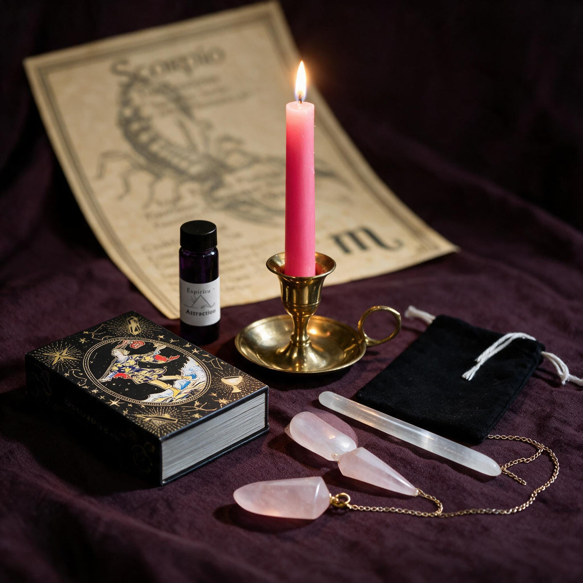 Scorpio Love Ritual Kit — the nine pieces set out for the ritual