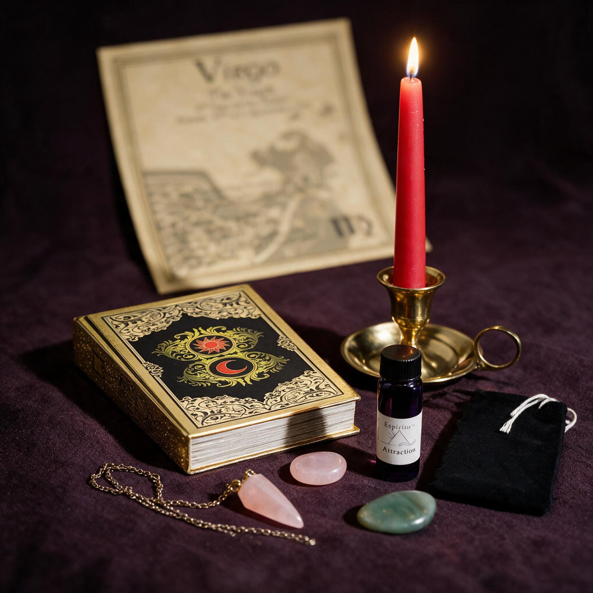 Virgo Love Ritual Kit — the nine pieces set out for the ritual