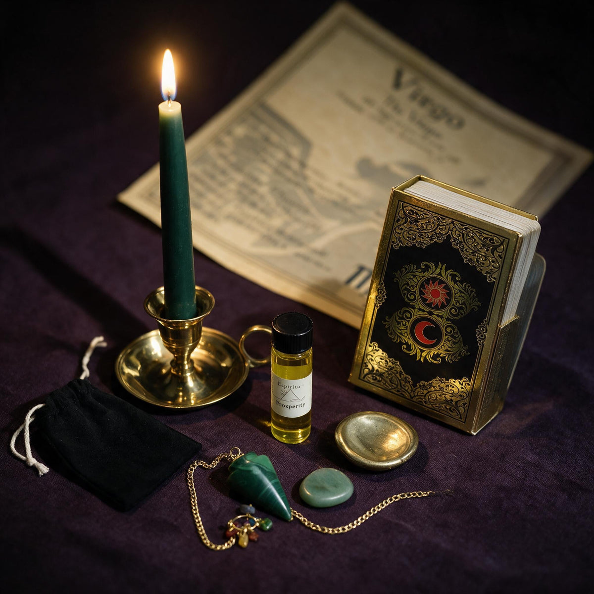 Virgo Wealth Ritual Kit — the nine pieces set out for the ritual