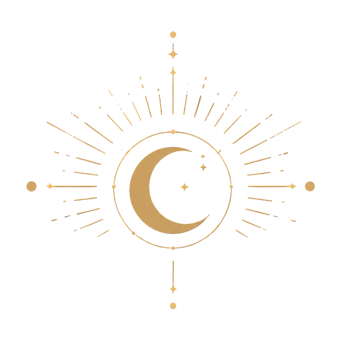 A celestial graphic design featuring a gold crescent moon and stars on a dark navy blue background, surrounded by radiating gold rays and decorative points.