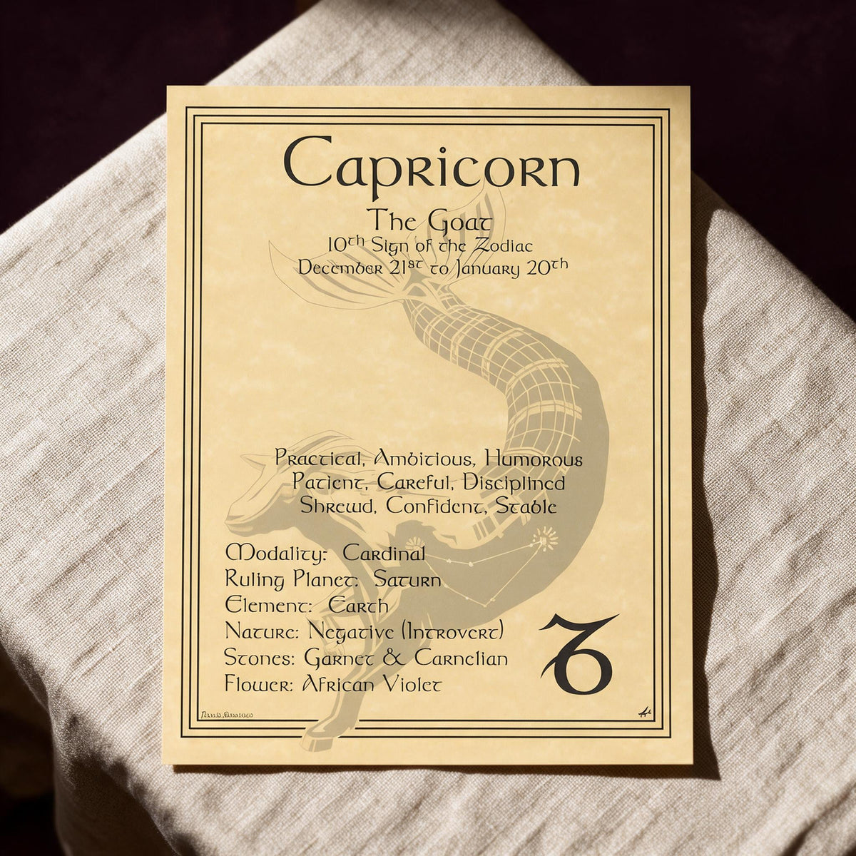 Capricorn zodiac plate (printed parchment poster)
