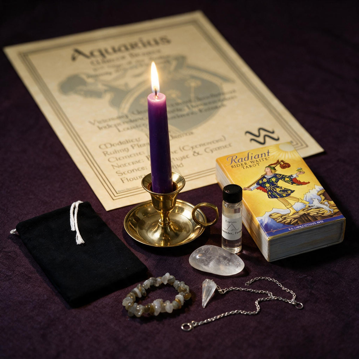 Aquarius Clarity Ritual Kit — the nine pieces set out for the ritual