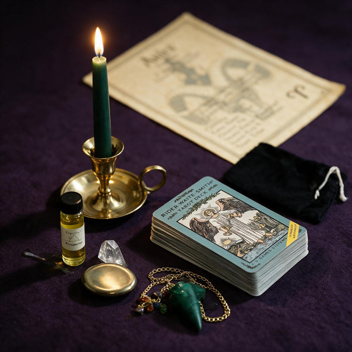 Aries Wealth Ritual Kit — the nine pieces set out for the ritual