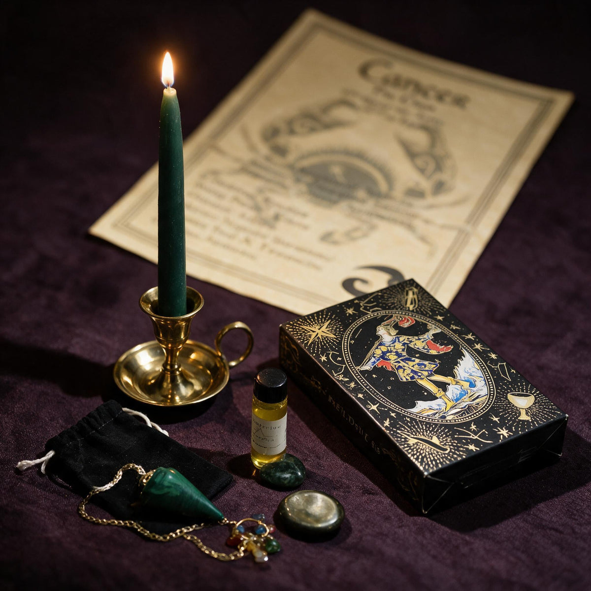 Cancer Wealth Ritual Kit — the nine pieces set out for the ritual