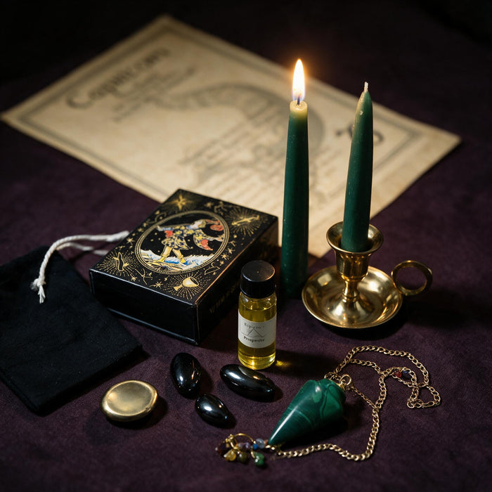 Capricorn Wealth Ritual Kit — the nine pieces set out for the ritual