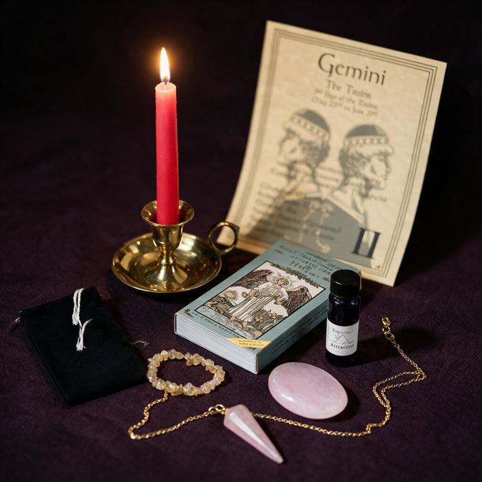 Gemini Love Ritual Kit — the nine pieces set out for the ritual
