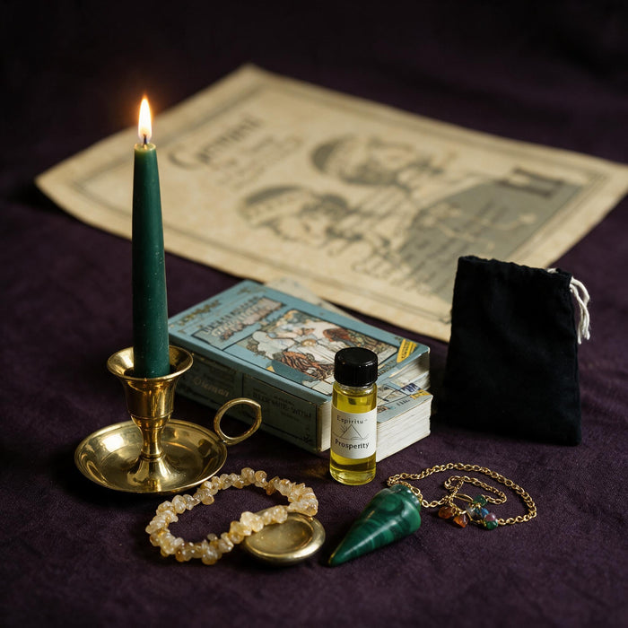 Gemini Wealth Ritual Kit — the nine pieces set out for the ritual