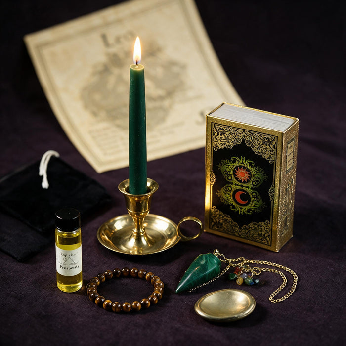Leo Wealth Ritual Kit — the nine pieces set out for the ritual