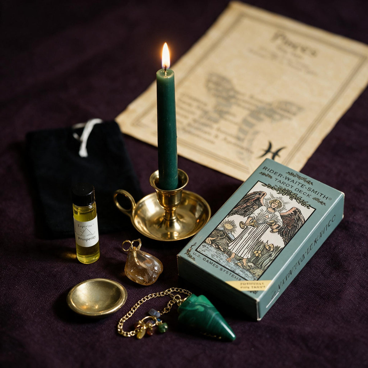 Pisces Wealth Ritual Kit — the nine pieces set out for the ritual