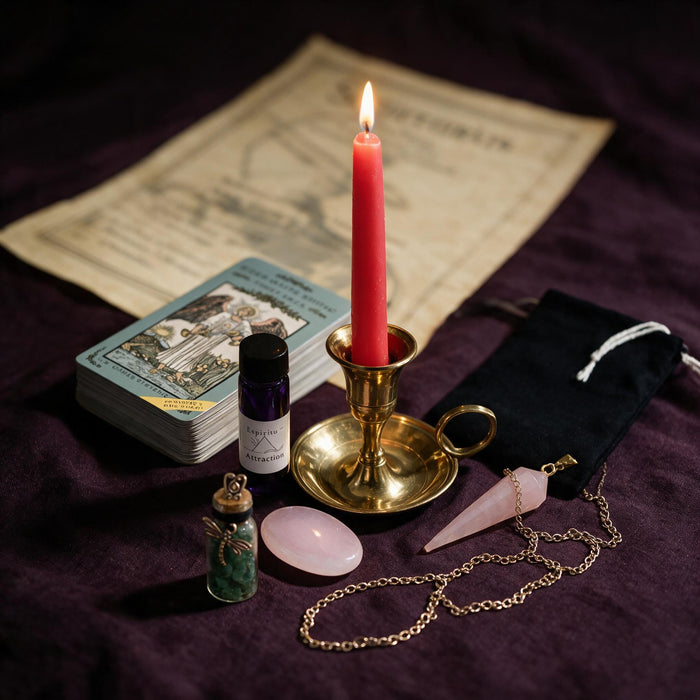 Sagittarius Love Ritual Kit — the nine pieces set out for the ritual