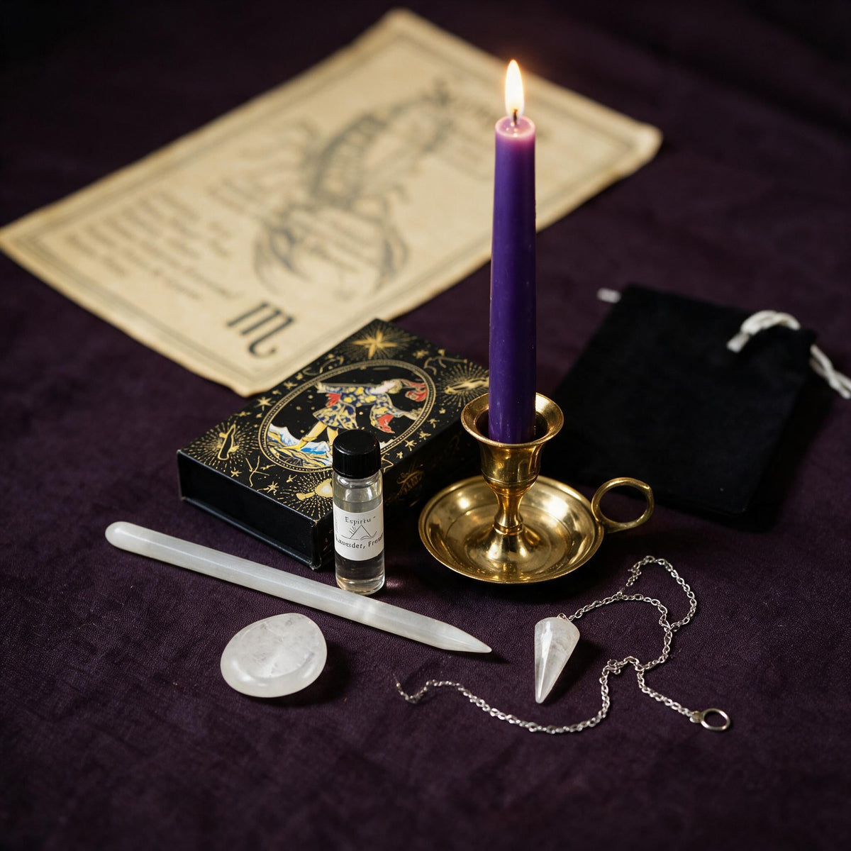 Scorpio Clarity Ritual Kit — the nine pieces set out for the ritual