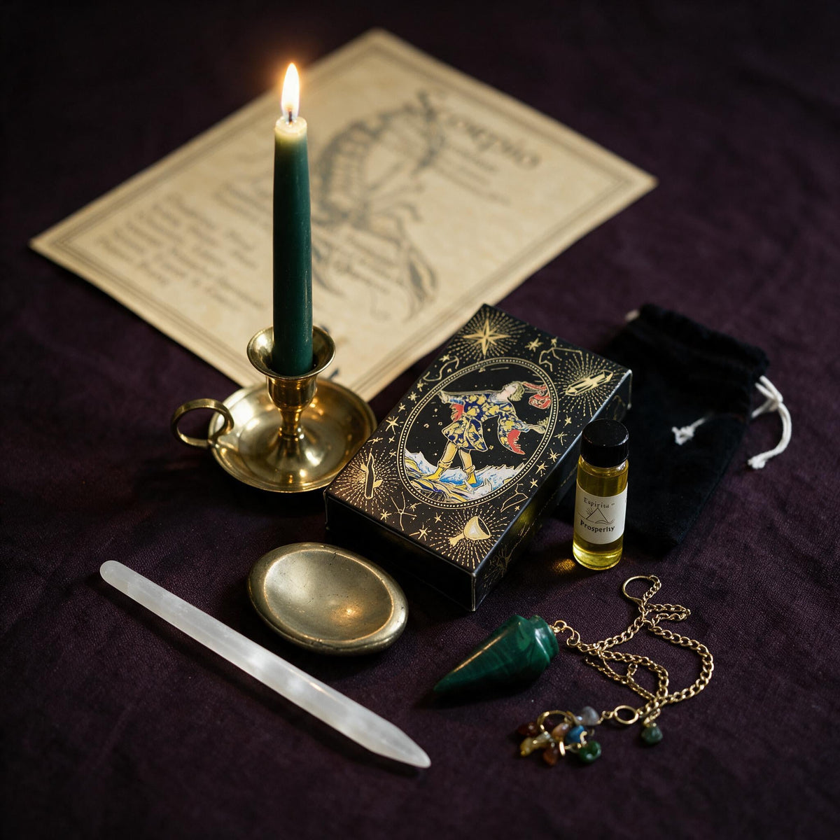 Scorpio Wealth Ritual Kit — the nine pieces set out for the ritual