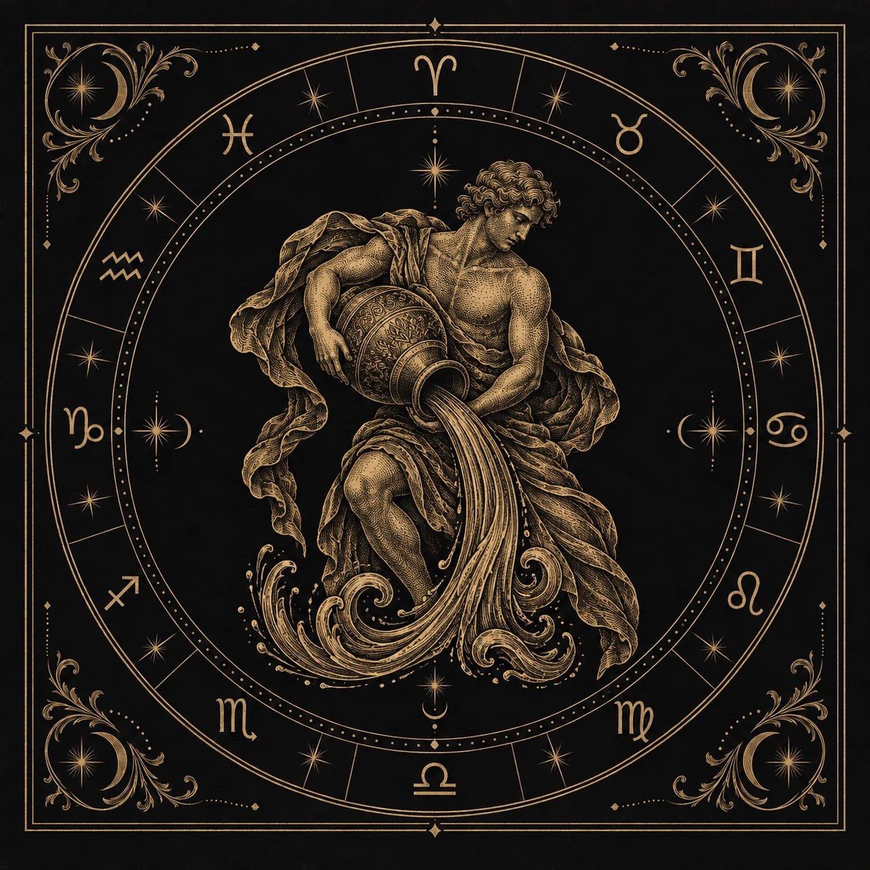 Aquarius, engraved in gold on a black zodiac plate