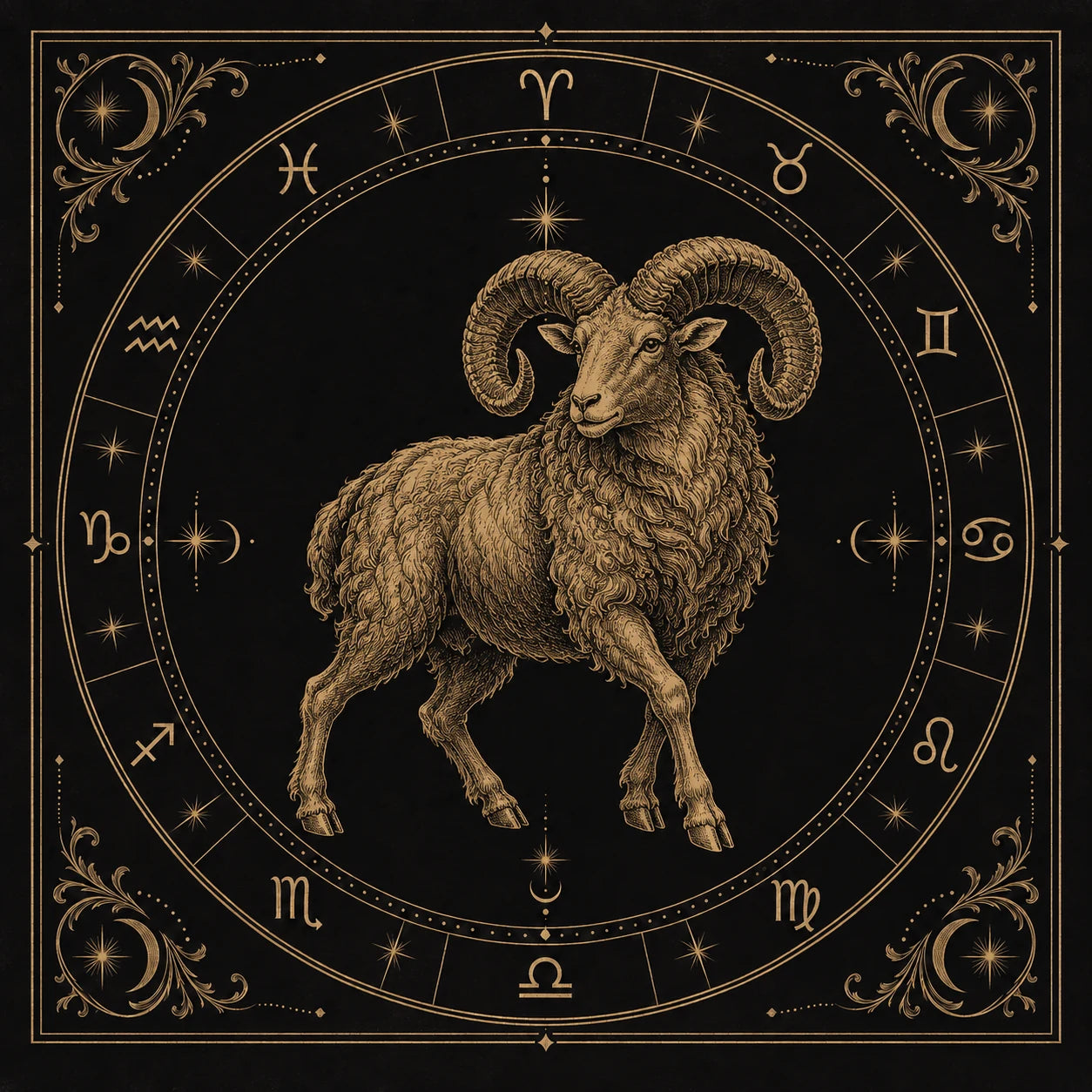 Aries, engraved in gold on a black zodiac plate