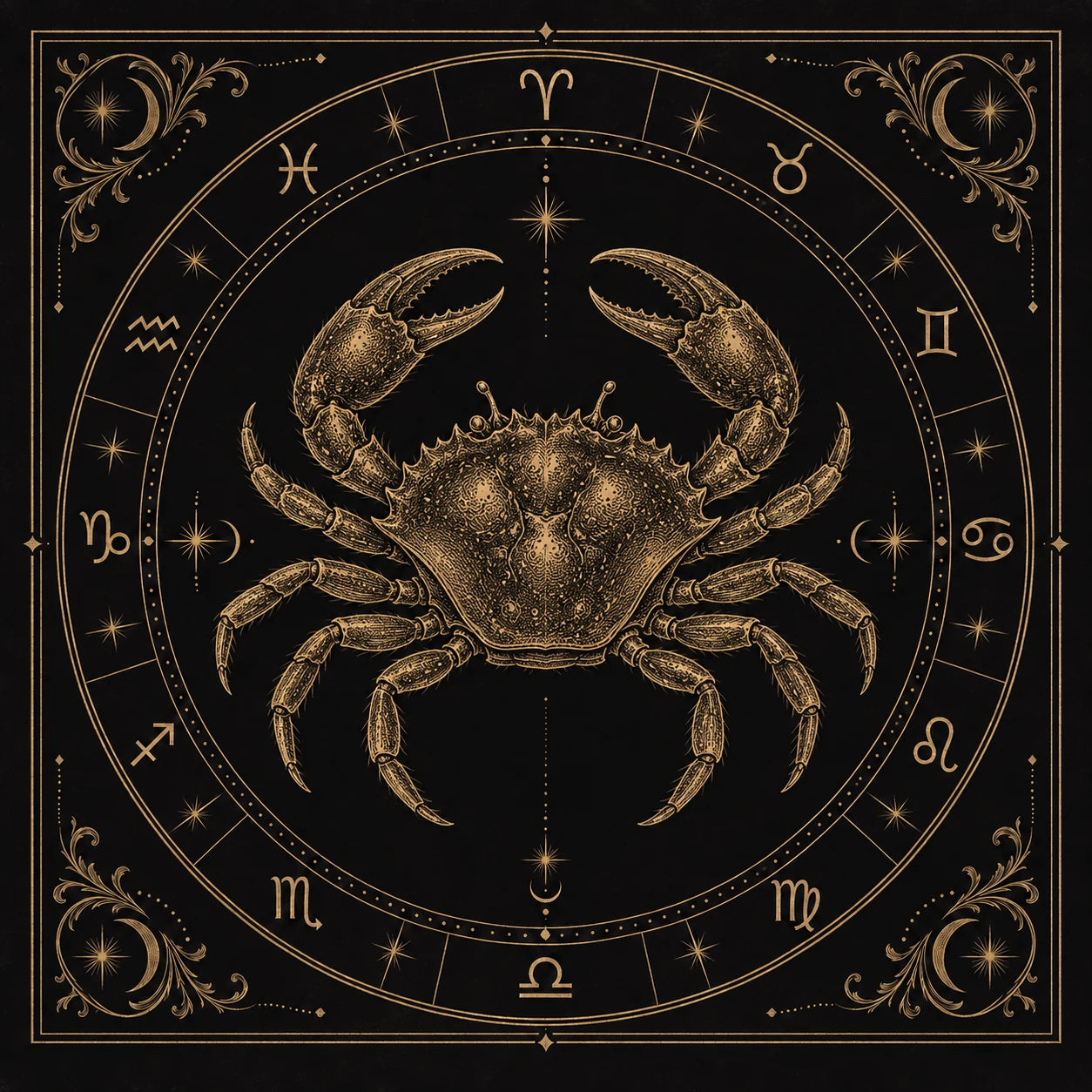 Cancer, engraved in gold on a black zodiac plate
