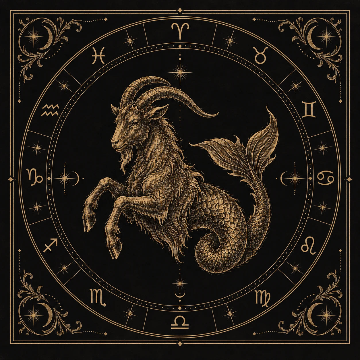 Capricorn, engraved in gold on a black zodiac plate