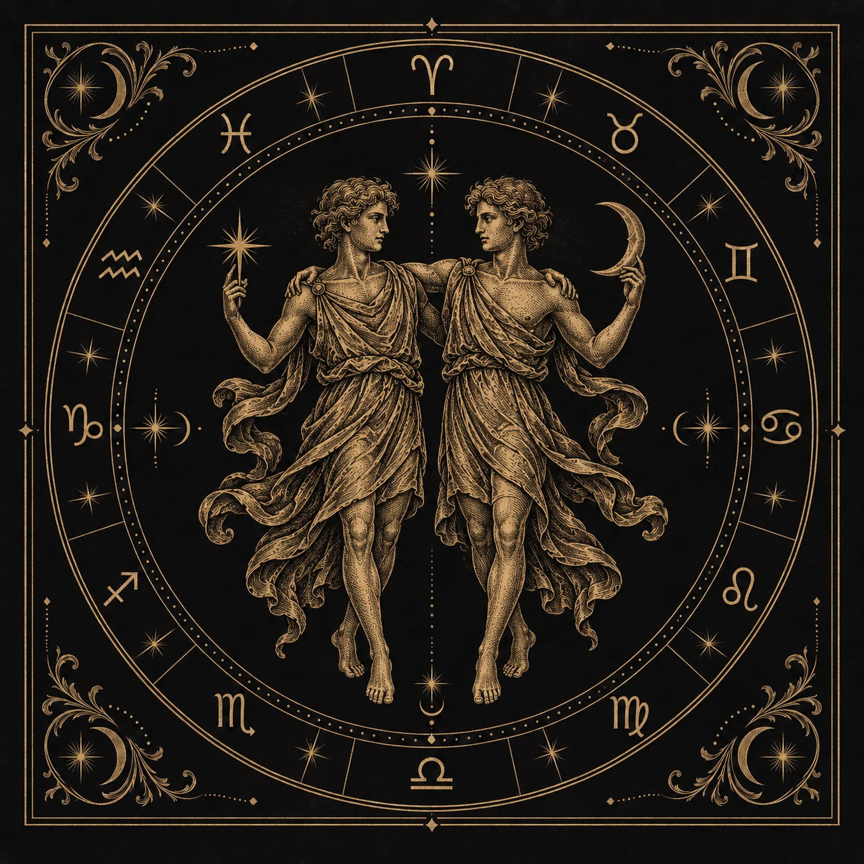 Gemini, engraved in gold on a black zodiac plate