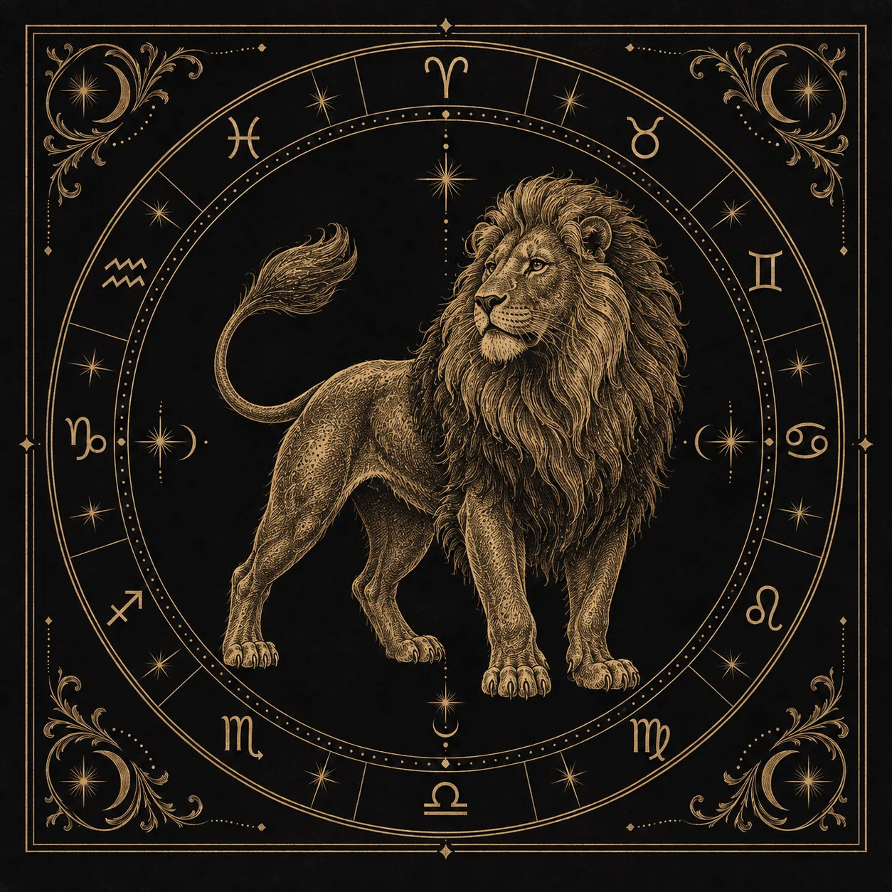 Leo, engraved in gold on a black zodiac plate