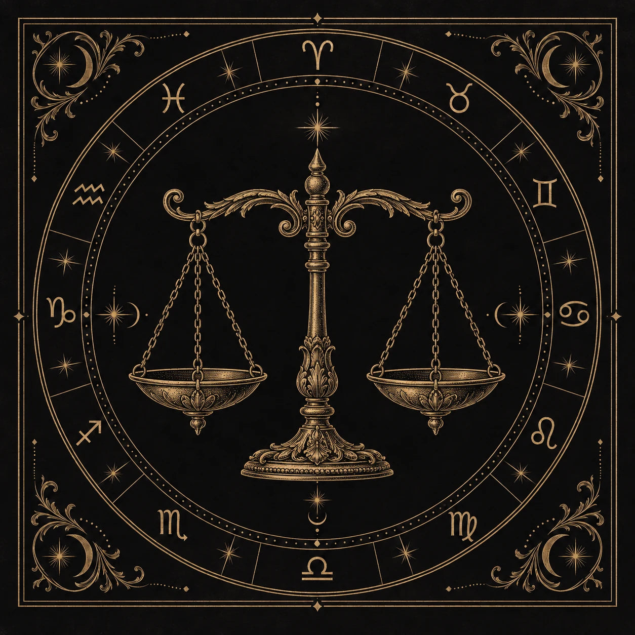 Libra, engraved in gold on a black zodiac plate