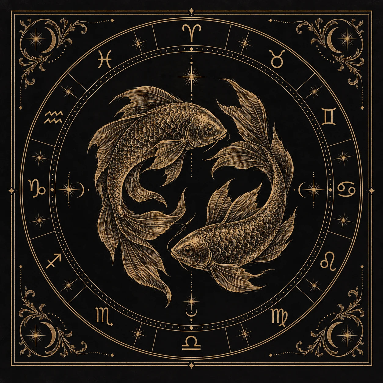Pisces, engraved in gold on a black zodiac plate