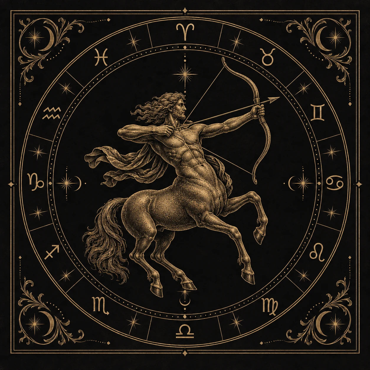 Sagittarius, engraved in gold on a black zodiac plate