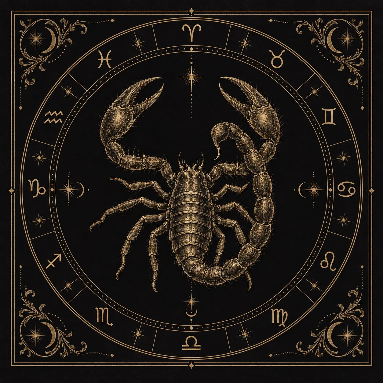 Scorpio, engraved in gold on a black zodiac plate