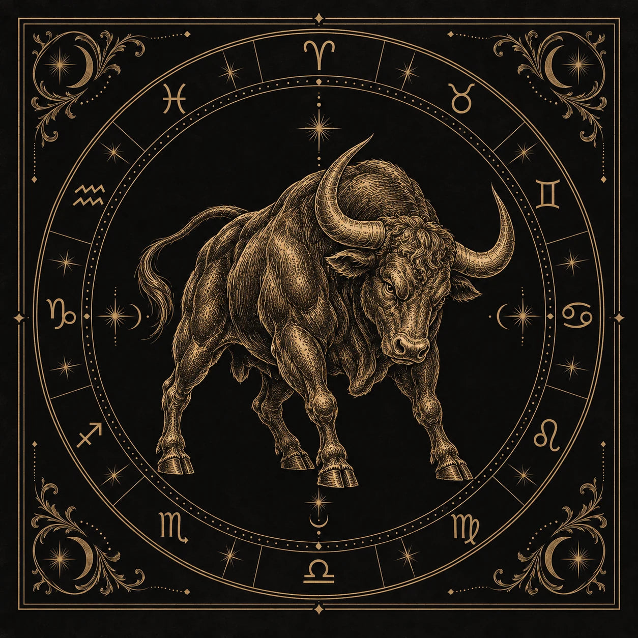 Taurus, engraved in gold on a black zodiac plate