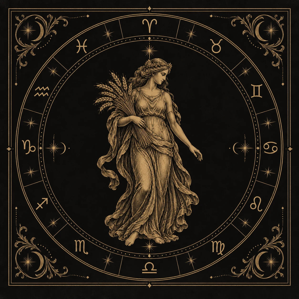 Virgo, engraved in gold on a black zodiac plate
