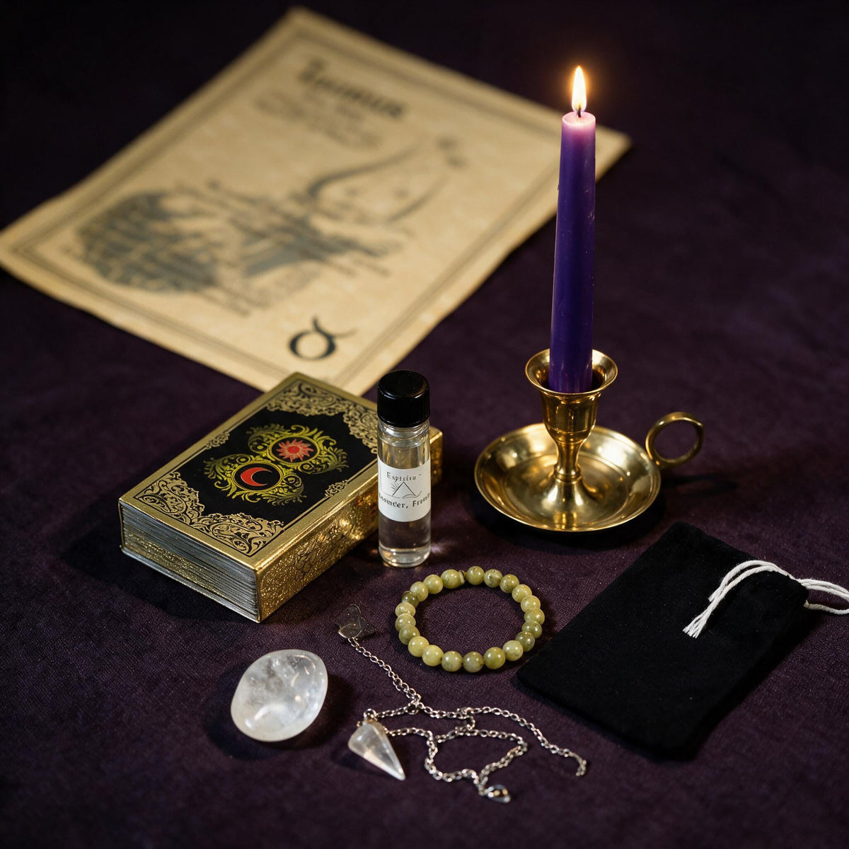 Taurus Clarity Ritual Kit — the nine pieces set out for the ritual