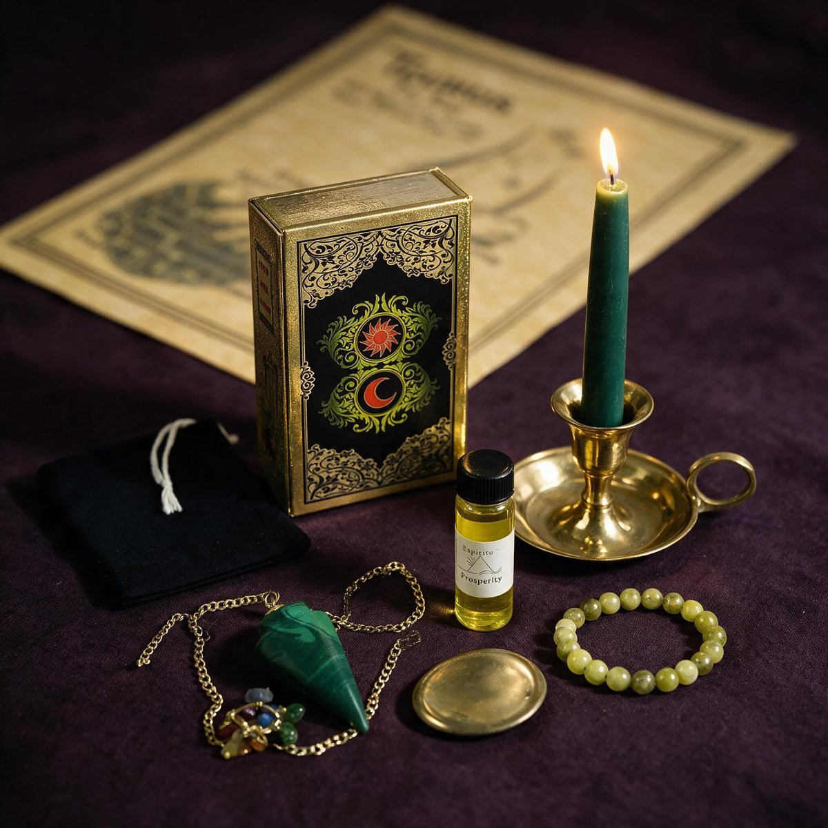 Taurus Wealth Ritual Kit — the nine pieces set out for the ritual